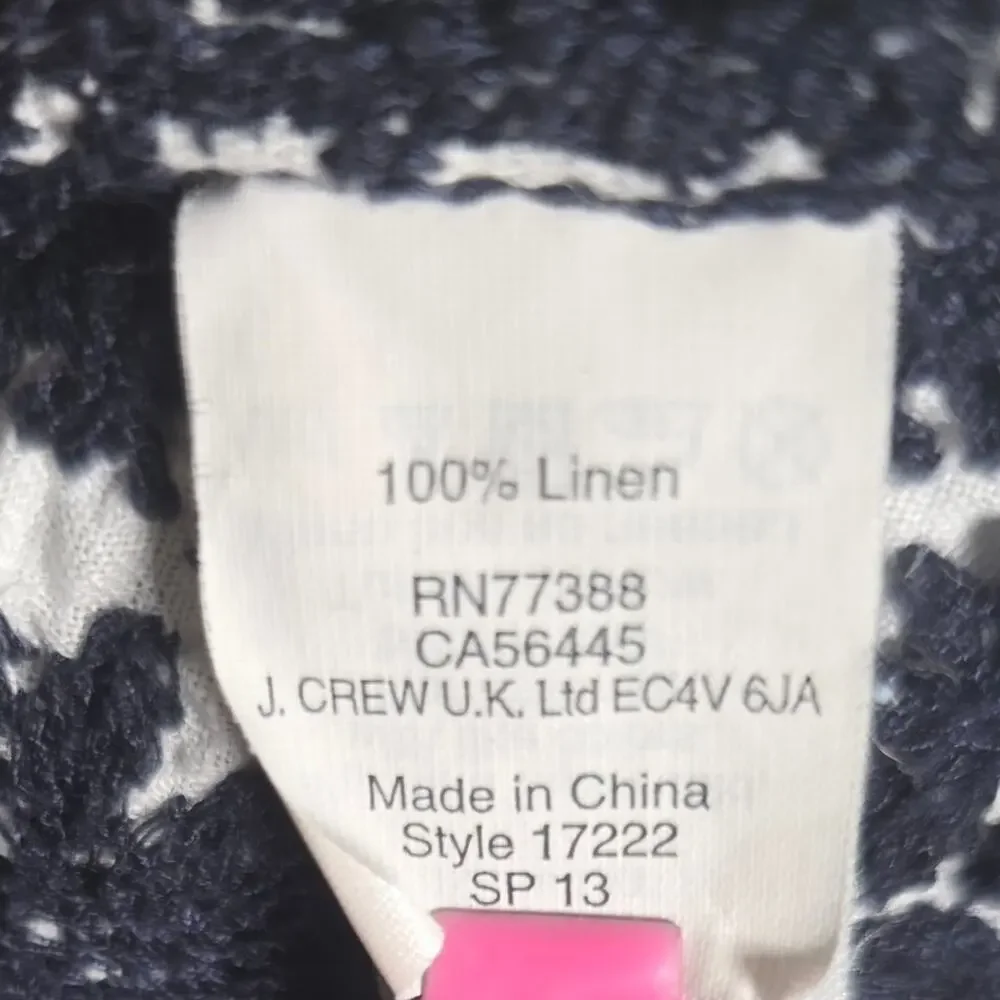 J.Crew Linen Peasant Top White Navy Embroidered Hem Boho Blouse XS